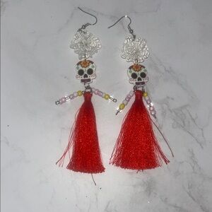 Red Sugar Skull Tassel Earrings